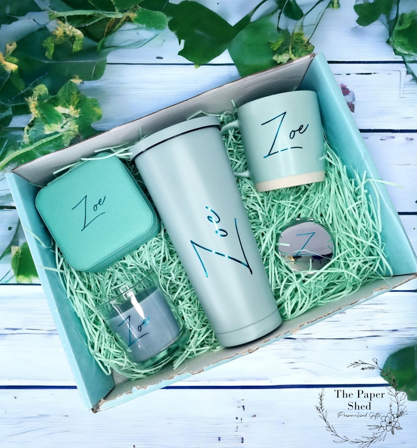 Personalised - Gift Set - Birthday Present - For Her- Hamper - Purple - Pink - Green - Gold - Beige - Black - Silver - Mug - Candle - Bride - script