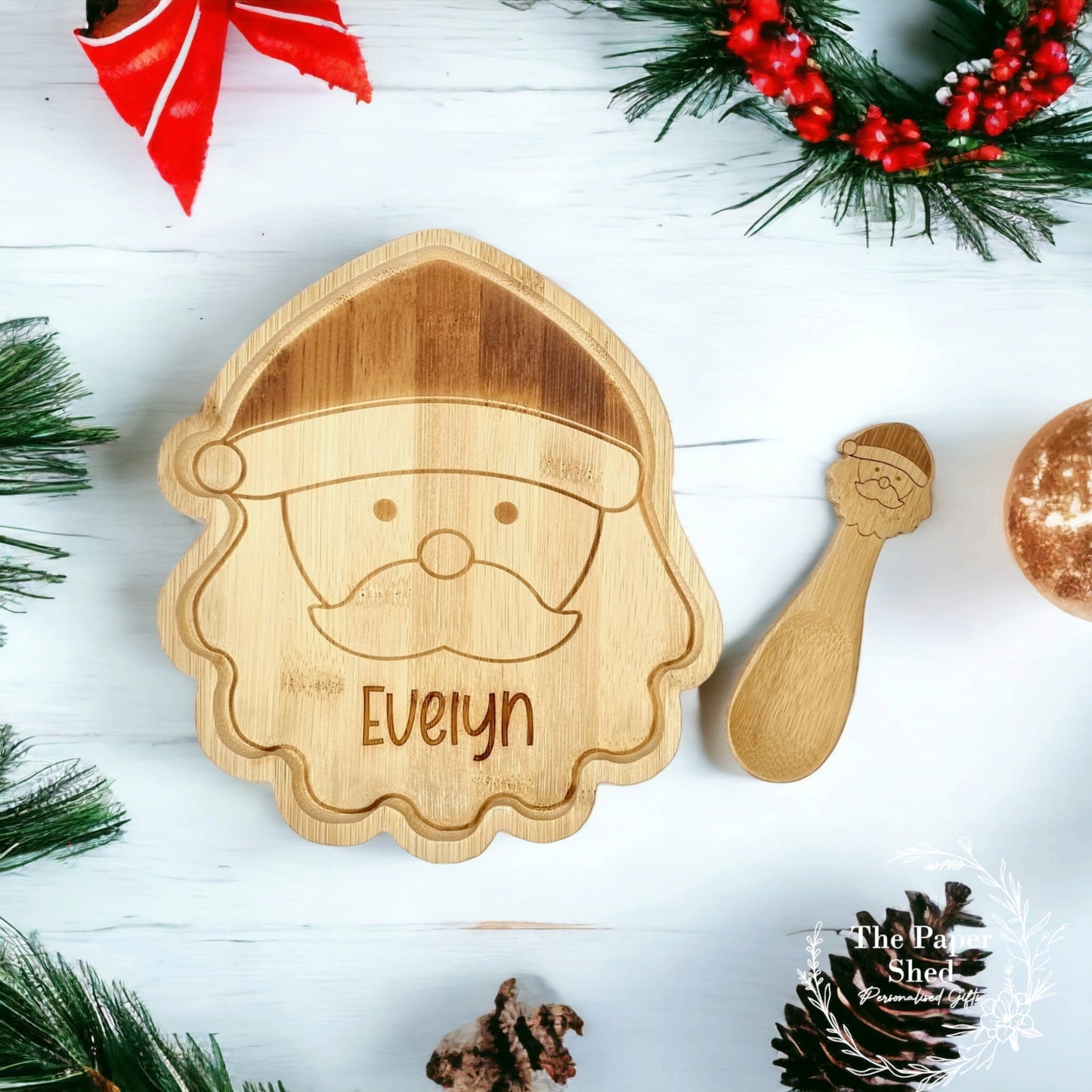 Wooden Engraved Christmas Plate Bamboo Santa Reindeer Elf