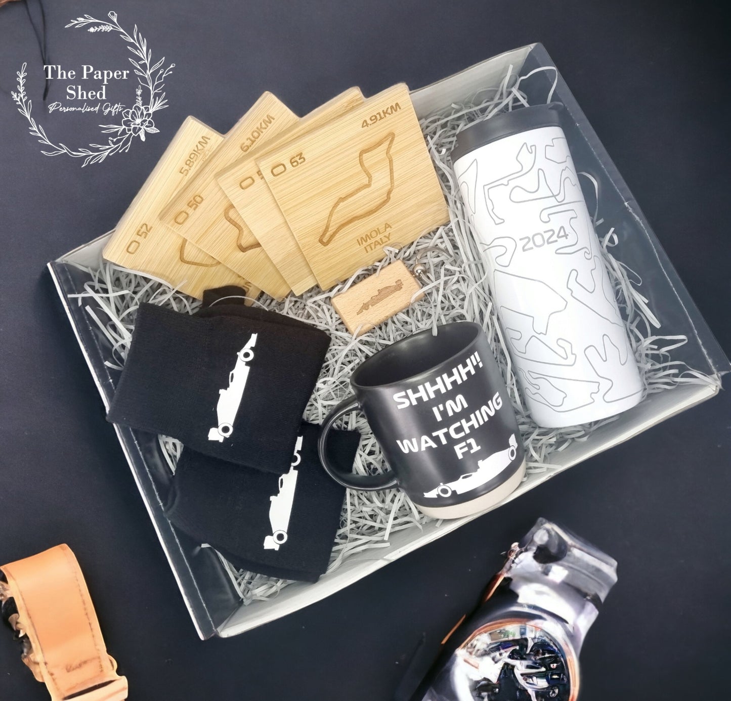 F1 inspired Gift Hamper Coffee Mug Cup Bottle Tumbler Personalised Engraved Tracks Formula Silverstone