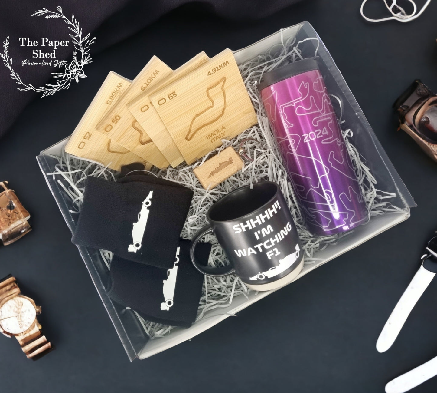 F1 inspired Gift Hamper Coffee Mug Cup Bottle Tumbler Personalised Engraved Tracks Formula Silverstone