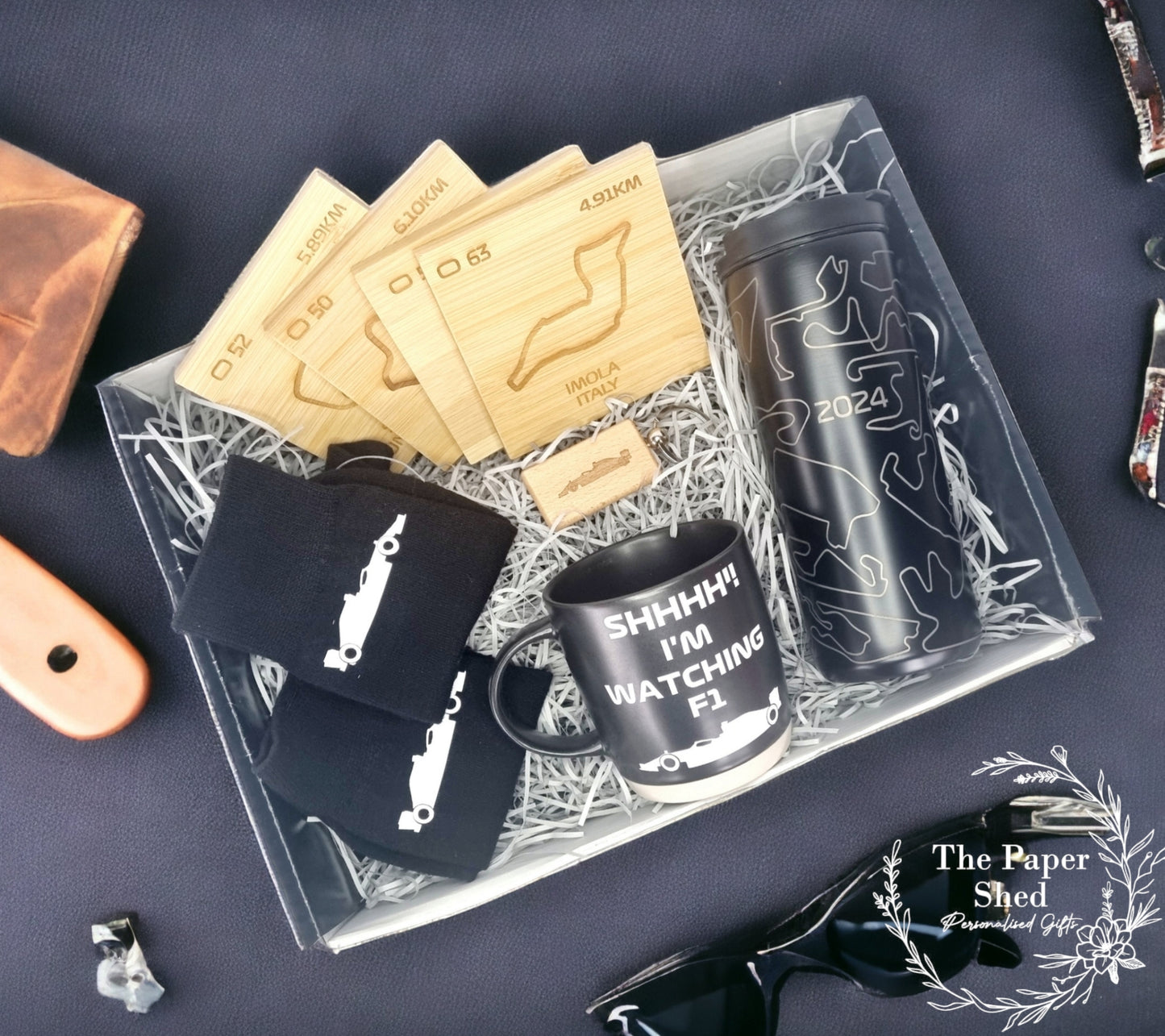 F1 inspired Gift Hamper Coffee Mug Cup Bottle Tumbler Personalised Engraved Tracks Formula Silverstone