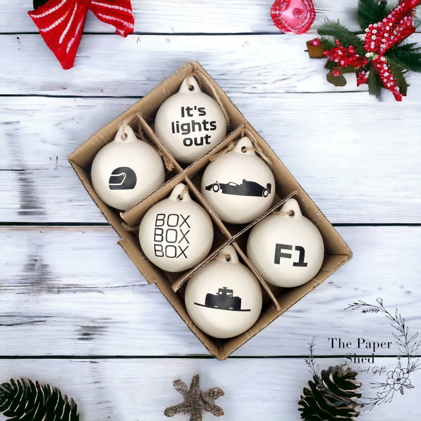 F1 Inspired Christmas Bauble Decorations 6pk
