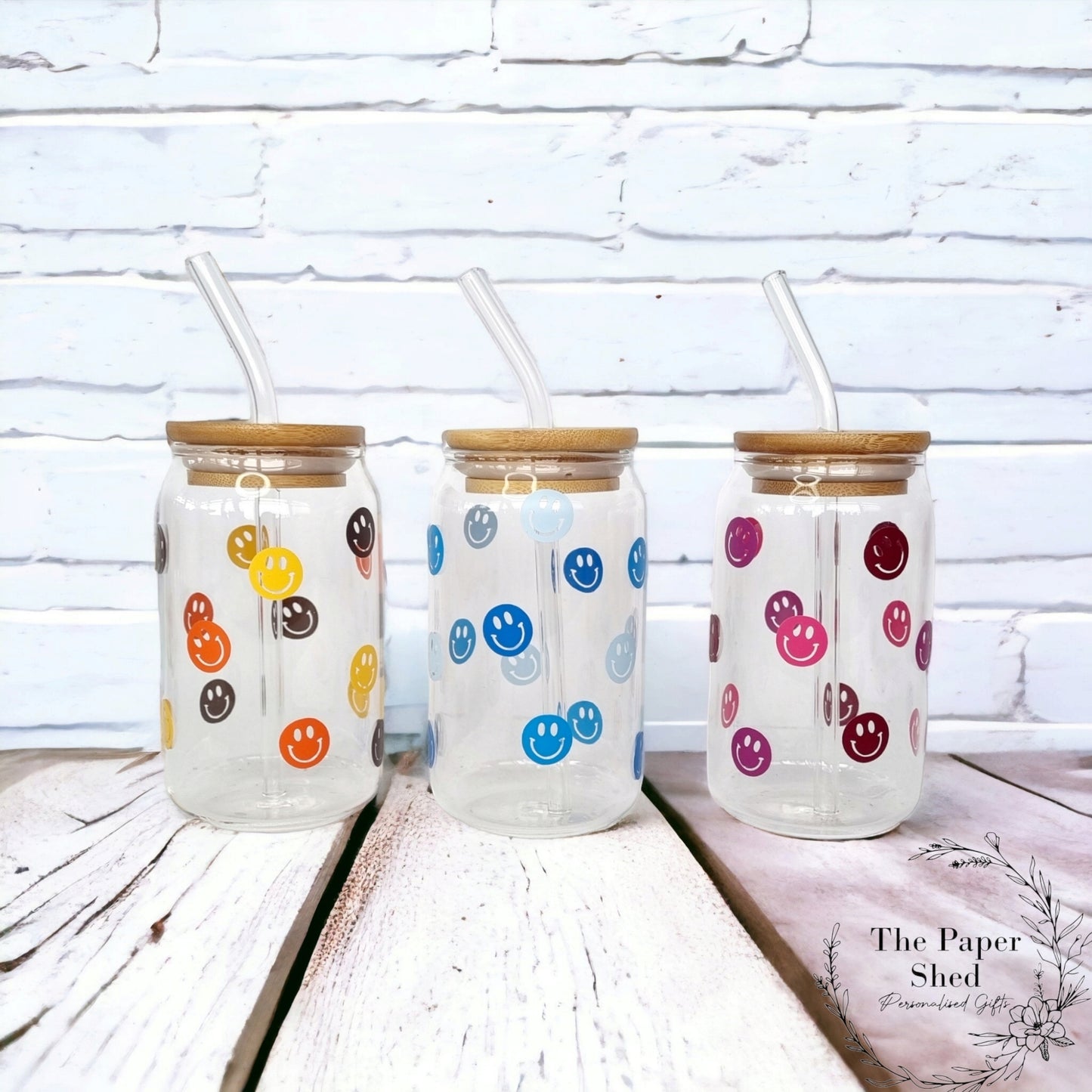 Smiley face Coffee Can Shaped Glass with Bamboo Lid and glass Straw, Iced Coffee Glass, 12oz Cup, with Lid and Straw, Coffee Lovers Gift