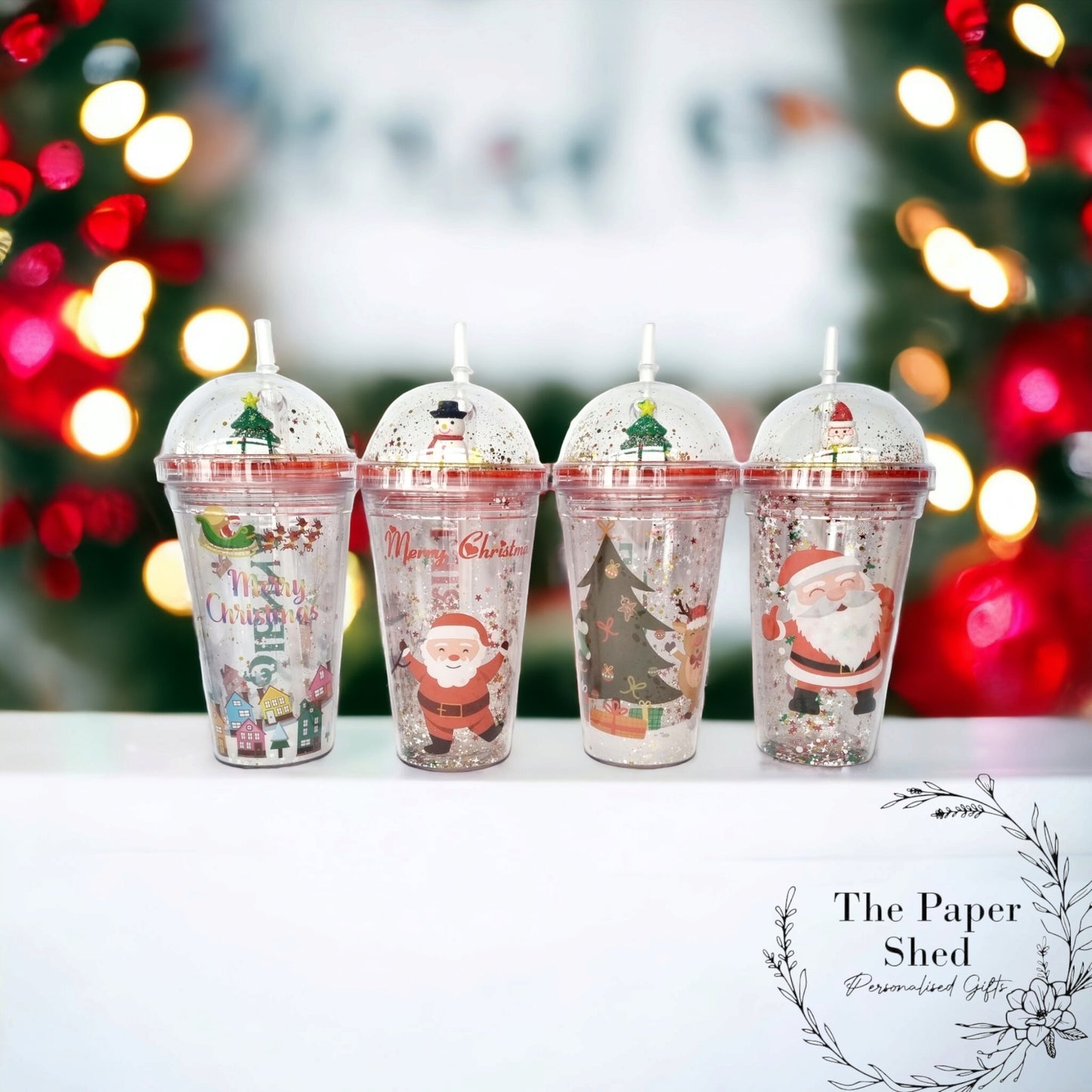 Christmas personalised tumbler with straw snowglobe