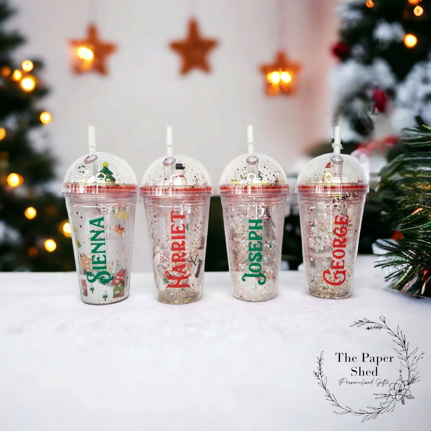 Christmas personalised tumbler with straw snowglobe