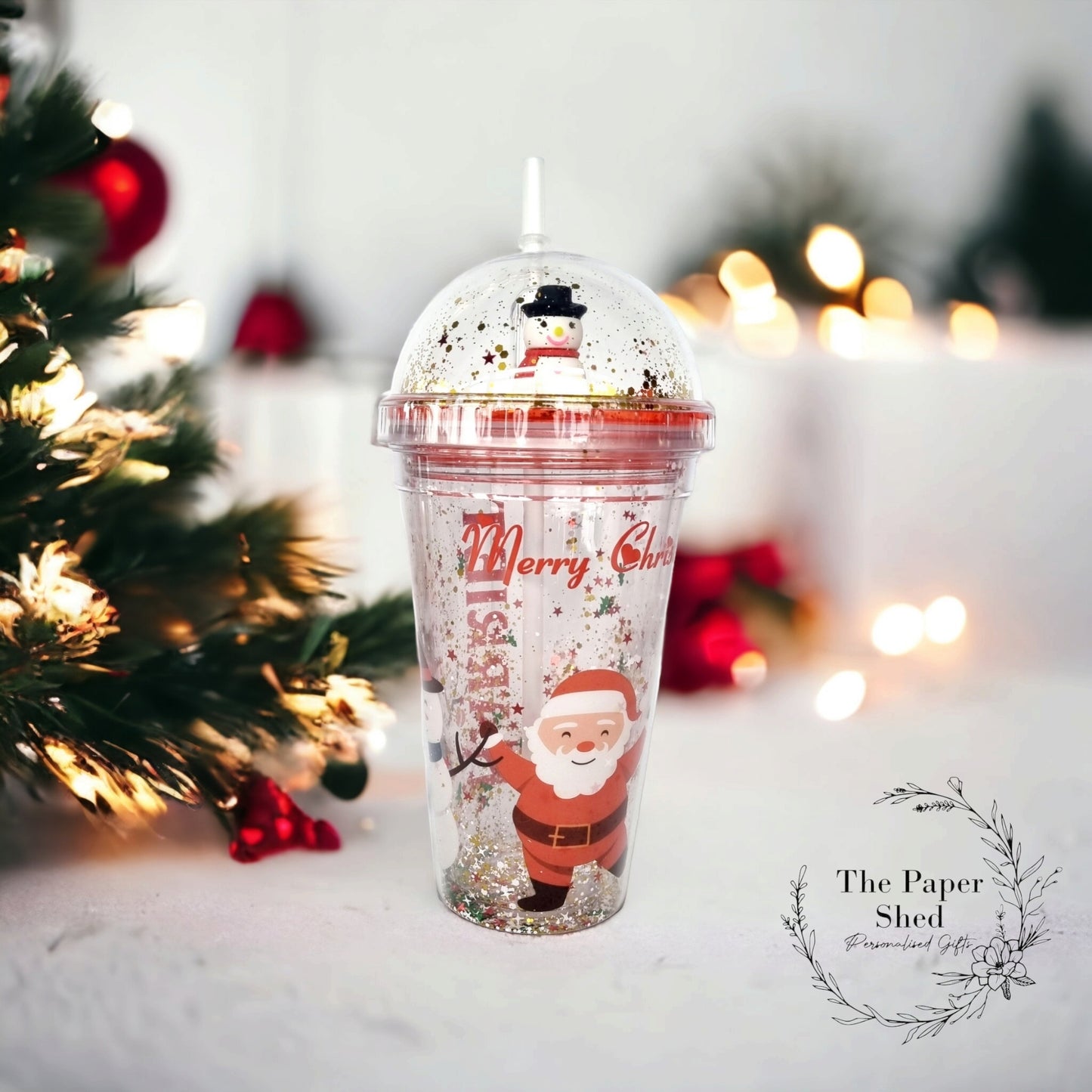 Christmas personalised tumbler with straw snowglobe