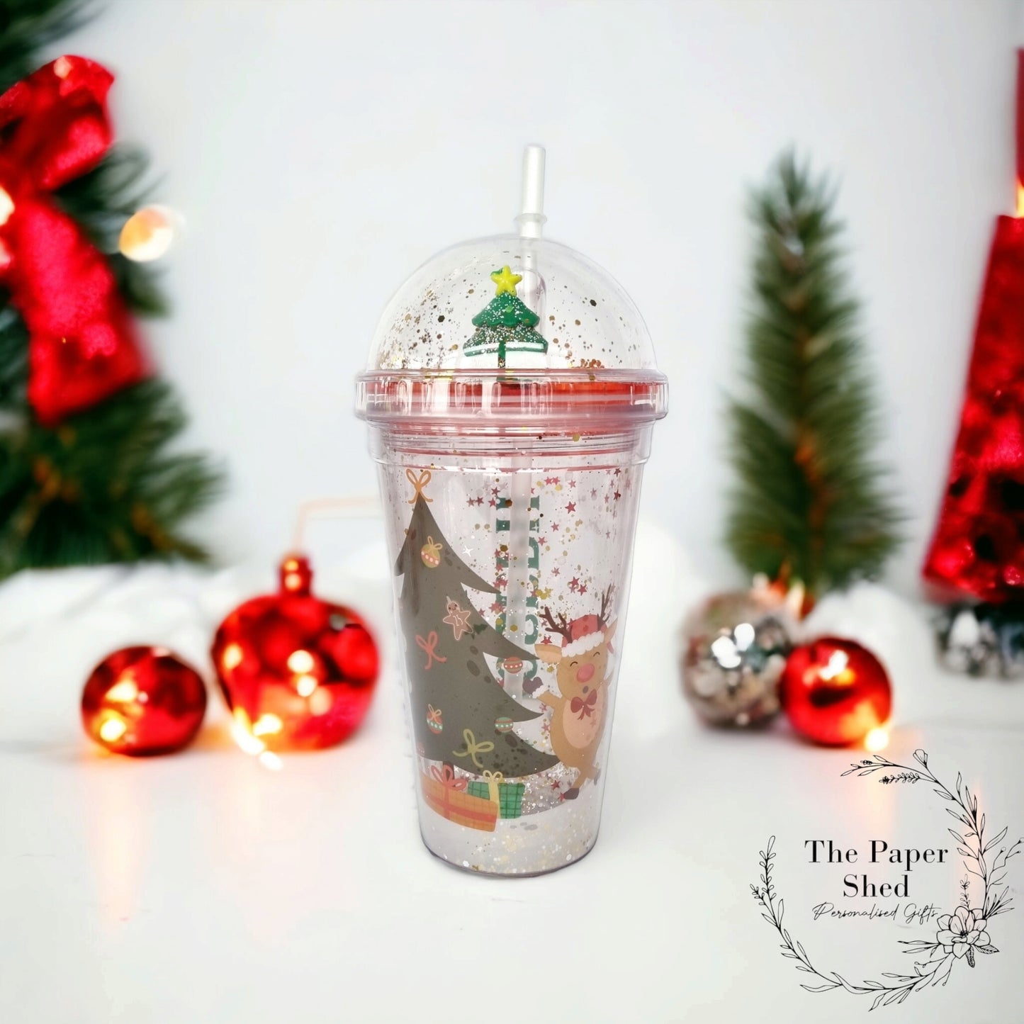 Christmas personalised tumbler with straw snowglobe