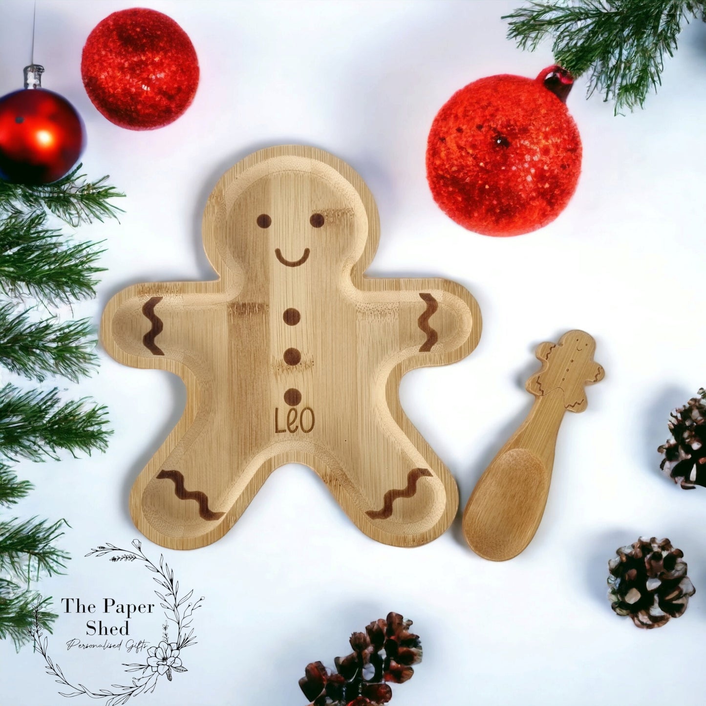 Wooden Engraved Christmas Plate Bamboo Santa Reindeer Elf