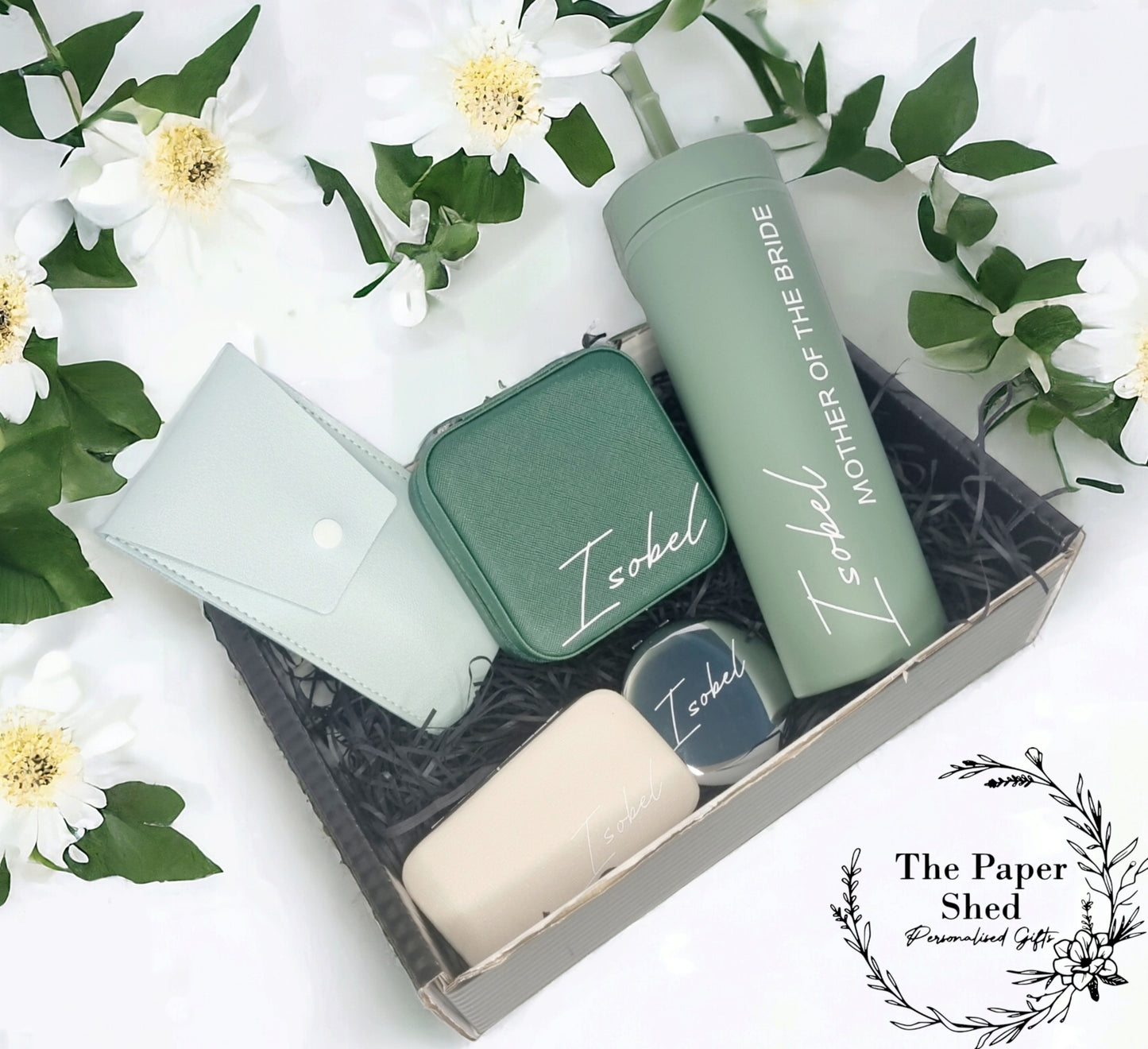 Personalised - Bridal Gift Set - Birthday Present -Bride-Bridesmaid- For Her- Hamper - - Green - Gold - Beige -Wedding-wedding gift favour