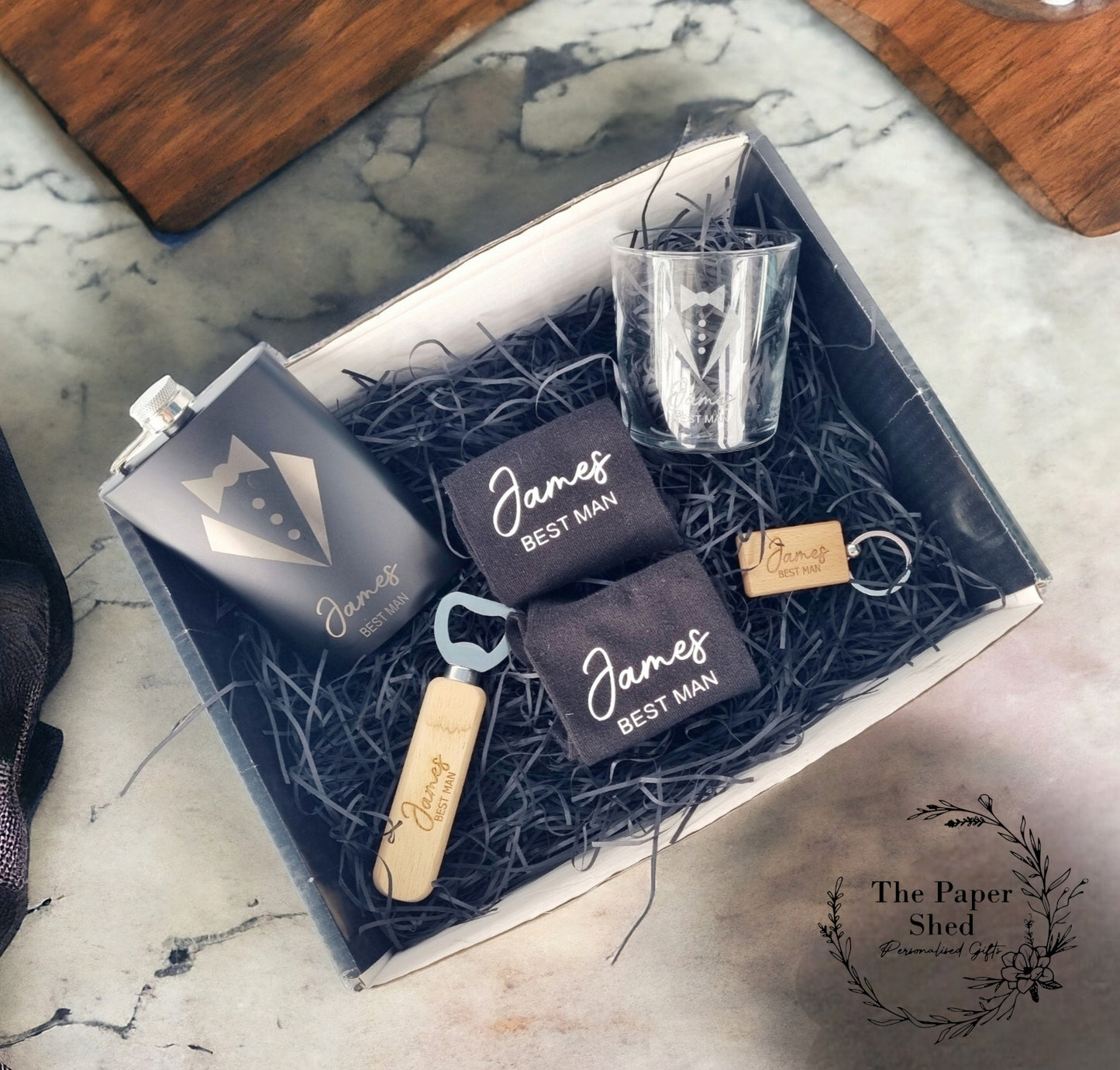 Best man, Usher, Groom's man hamper, Personalised Wedding Party Gift, Wedding day, Engraved Whisky glass, flask, Bottle opener, Socks,
