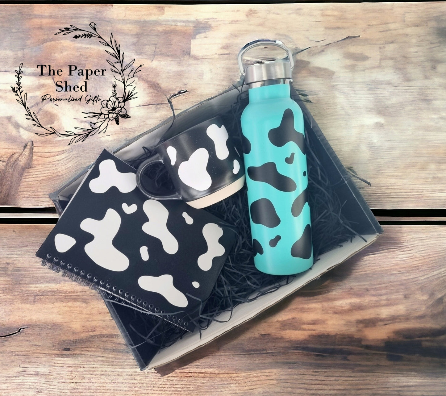 Cow Print Hamper, Milk Churn Thermal Bottle 750ml Stainless Steel Thermos Flask Drinks Bottle, Mug, Notebook Gift Set, Birthday gift