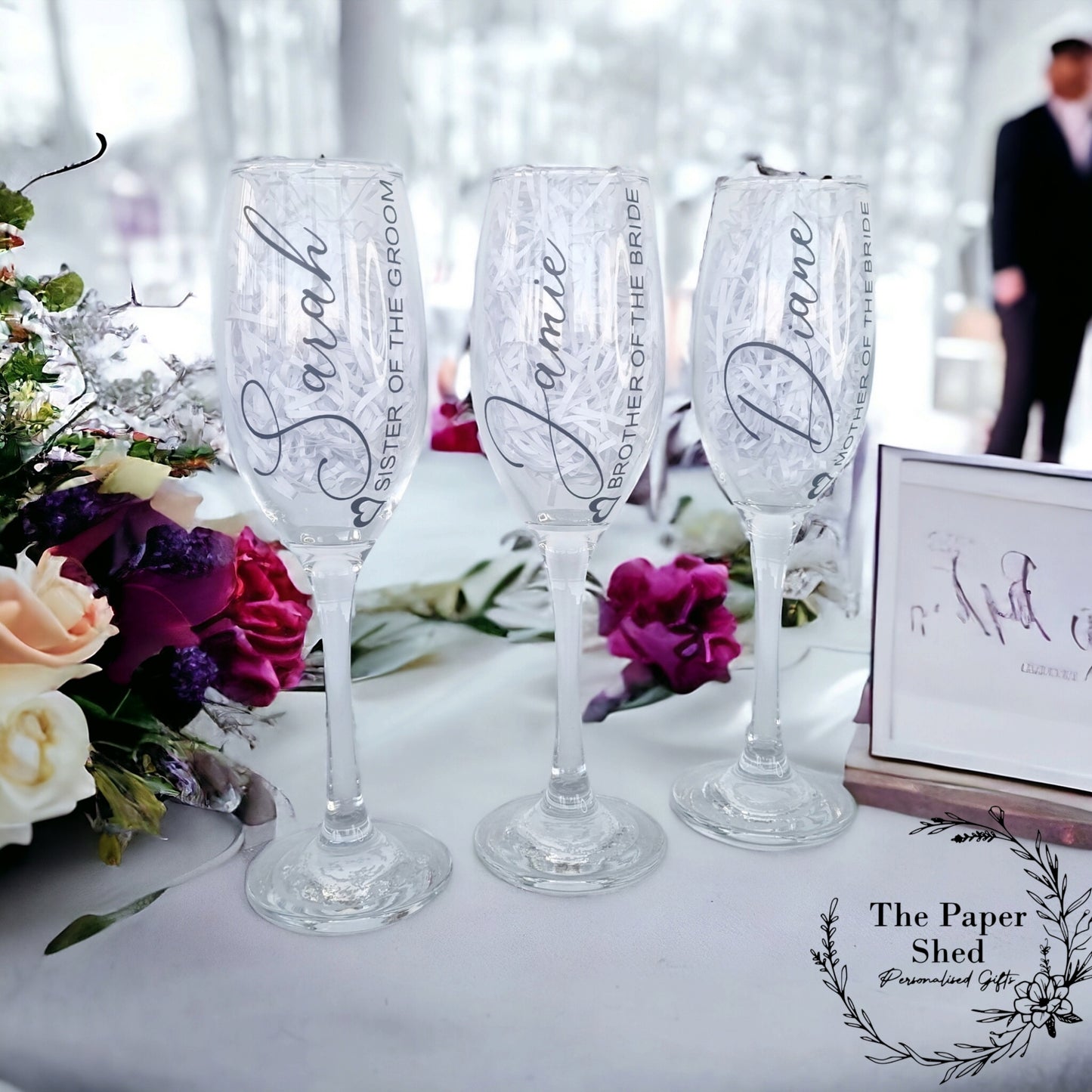 Personalised Wedding Party Champagne Glasses Flutes, Bride, Groom, Mother of the Bride, Bridesmaid, Wedding day Glasses, Special Day sets