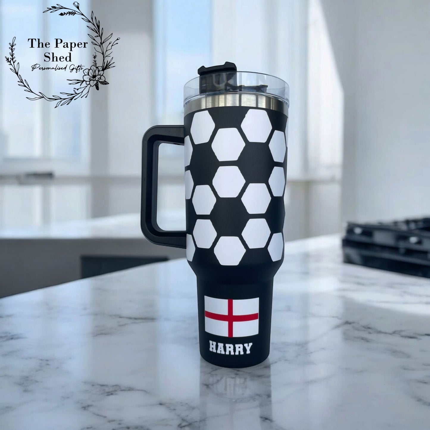 The Football Collection, England Flag, Three Lions 3 Lions Thermal Mug, 40 oz Cup, Bottle, Travel Mug, Gift, Set, Team, Personalised