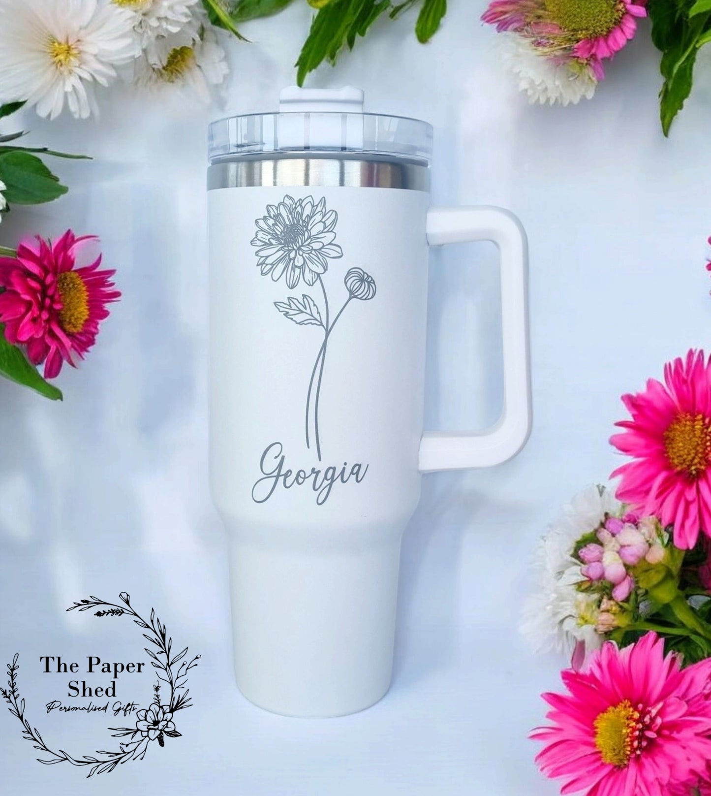 Personalised Birth Flower Engraved Name Thermal Bottle Teacher Gift
