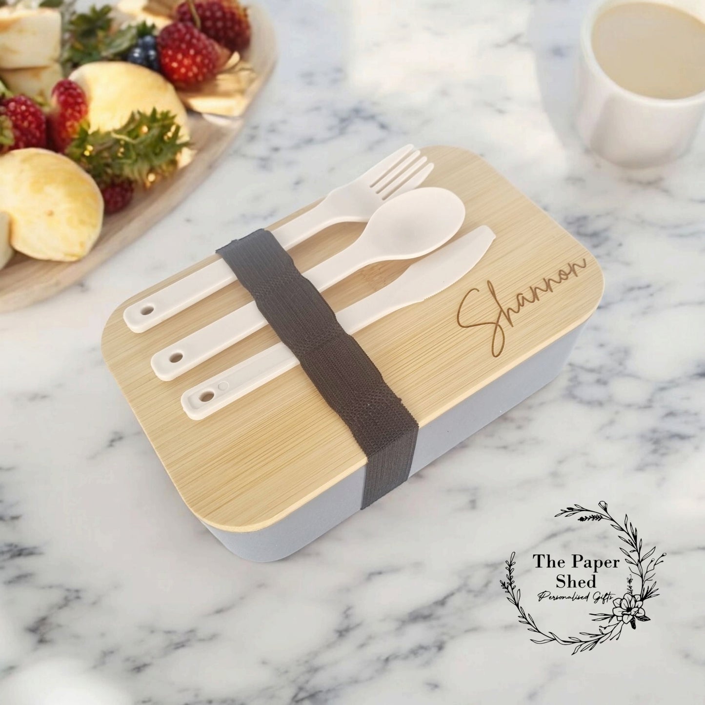 Engraved Bamboo Personalised Lunchbox With Cutlery