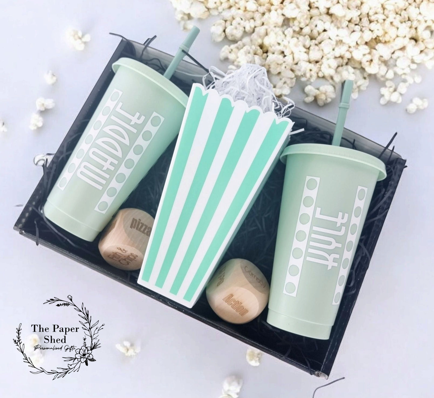 Personalised Movie/Film night / date night/ hamper, box, popcorn, name, cinema, tumbler, drink, cup, dice, couple gift, birthday, dice