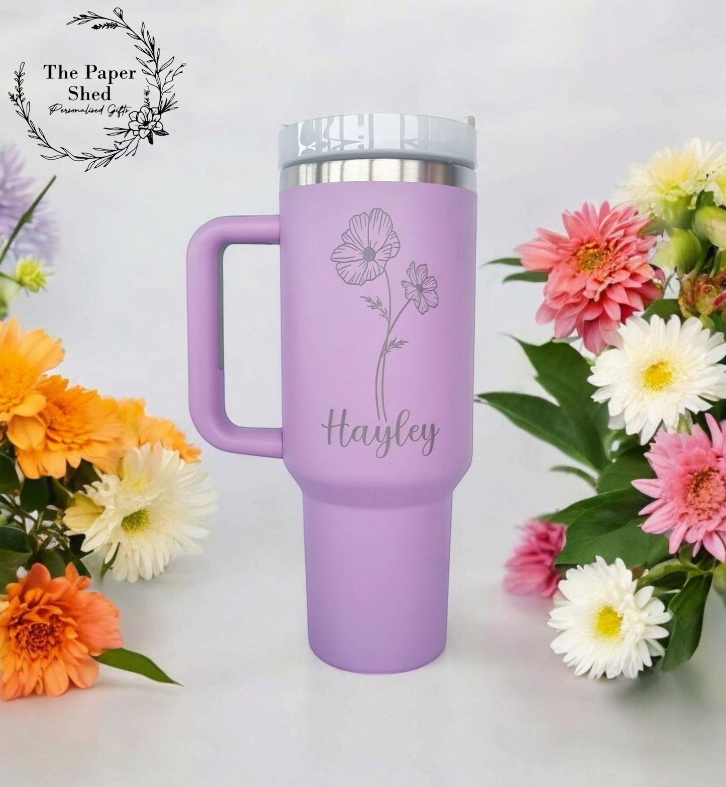Personalised Birth Flower Engraved Name Thermal Bottle Teacher Gift