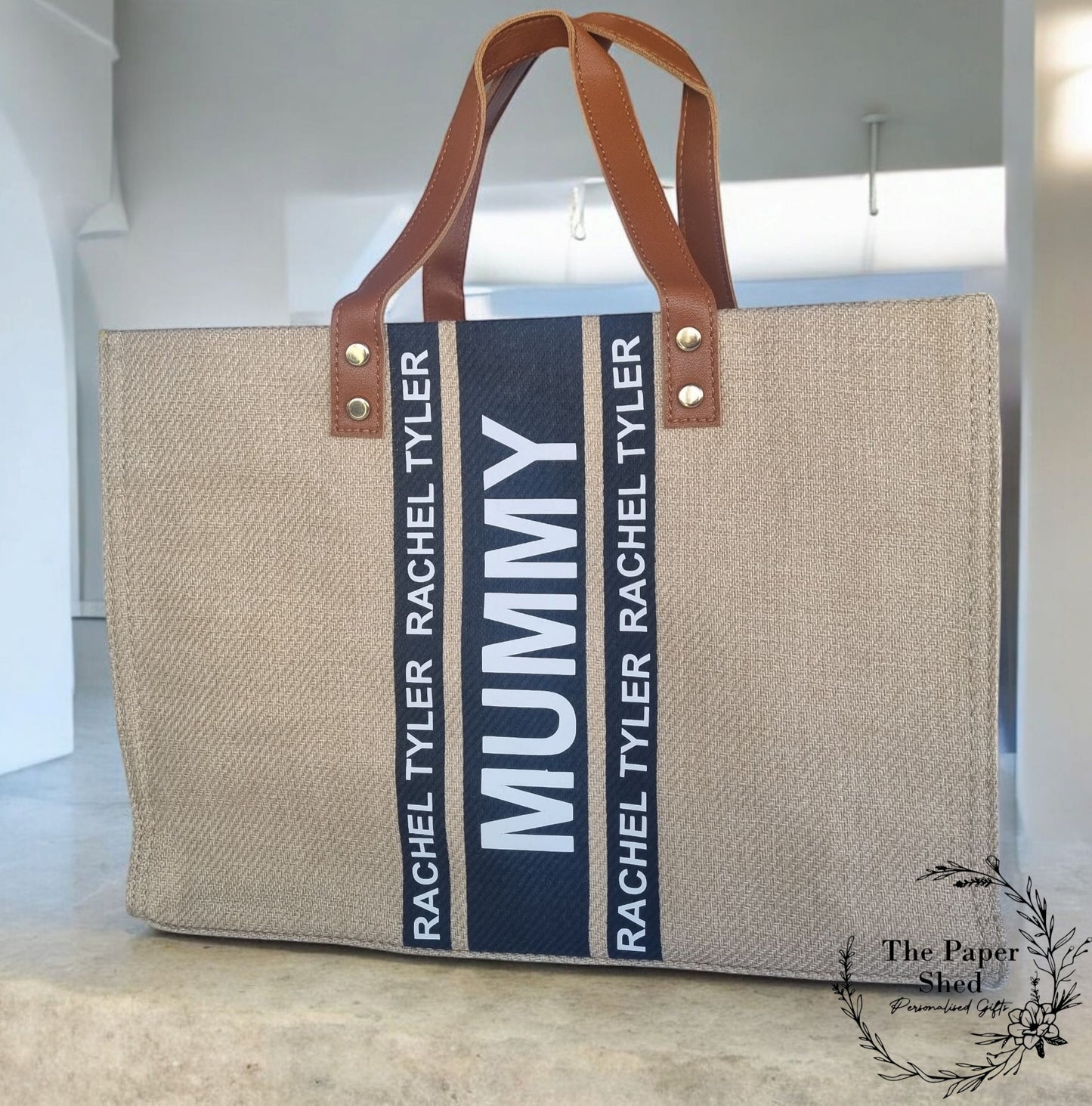 Mum Mothers Day Gift Brown & Black Canvas Stripe Handbag Personalised Shoulder Strap