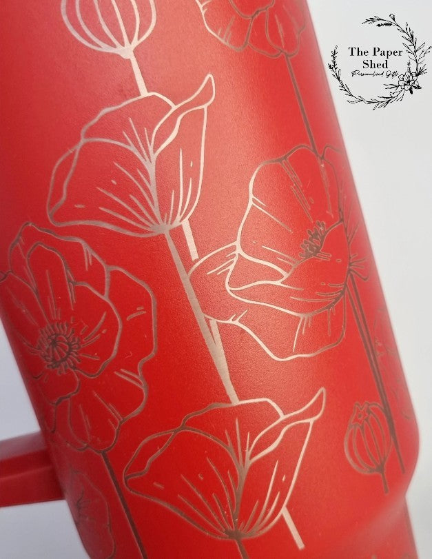 Engraved Poppy Pattern Large Travel Mugs Personalised 40oz Cups Poppies