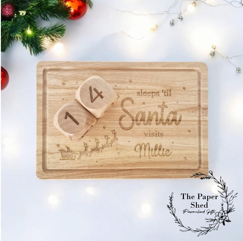 Personalised Sleeps 'til Santa Visits Board with Number Block Dice Engraved Wooden Christmas Countdown Calendar Gift