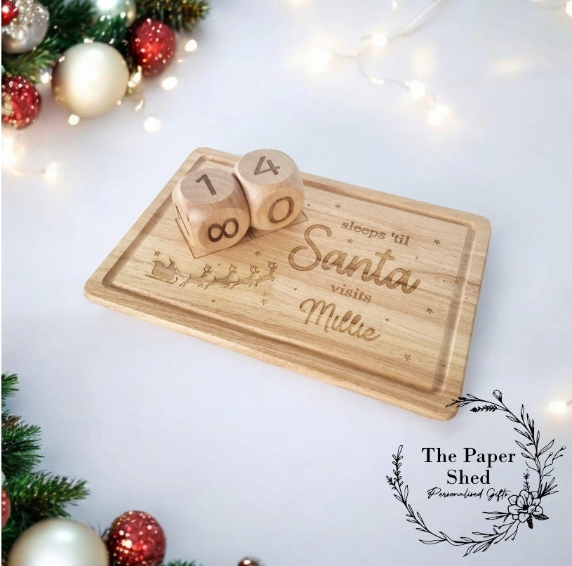 Personalised Sleeps 'til Santa Visits Board with Number Block Dice Engraved Wooden Christmas Countdown Calendar Gift