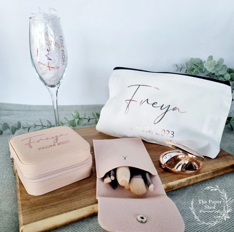 PROM 2025, Personalised gift set, hamper, make up bag, jewellery box, mirror, champagne flute glass