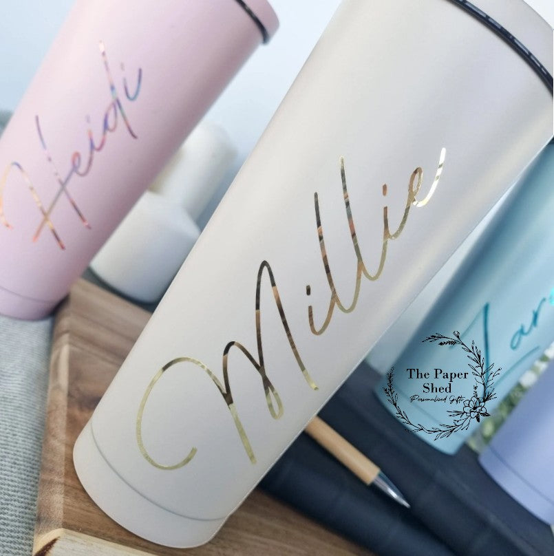 Pastel tall 600ml insulated personalised tumbler with lid and Silver Straw cold cup