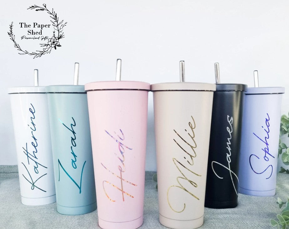 Pastel tall 600ml insulated personalised tumbler with lid and Silver Straw cold cup