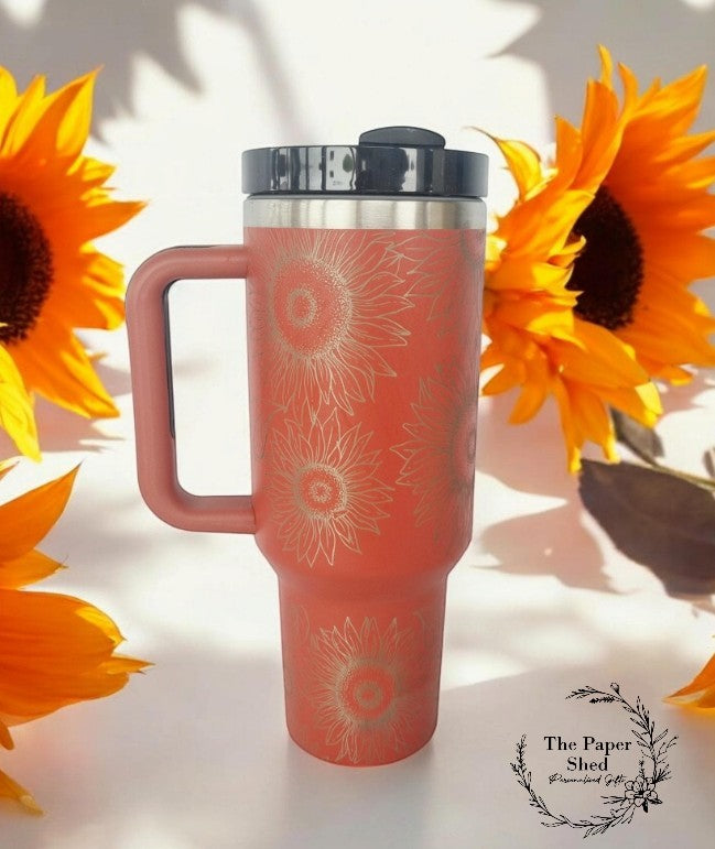 Engraved Sunflower Pattern Travel Mugs Personalised 40oz Cups Poppies