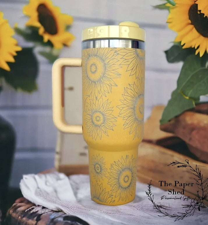 Engraved Sunflower Pattern Travel Mugs Personalised 40oz Cups Poppies