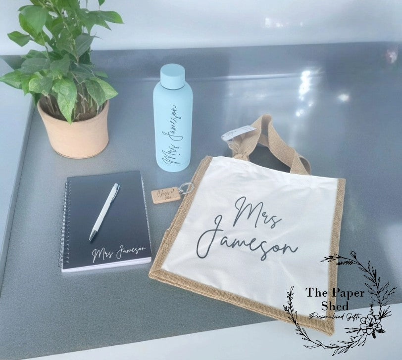 Teacher Gift Set, End of Term/Year Class Present, Leaving Gift, Tote Bag, Bottle, Keyring, Notebook, Pen Hamper