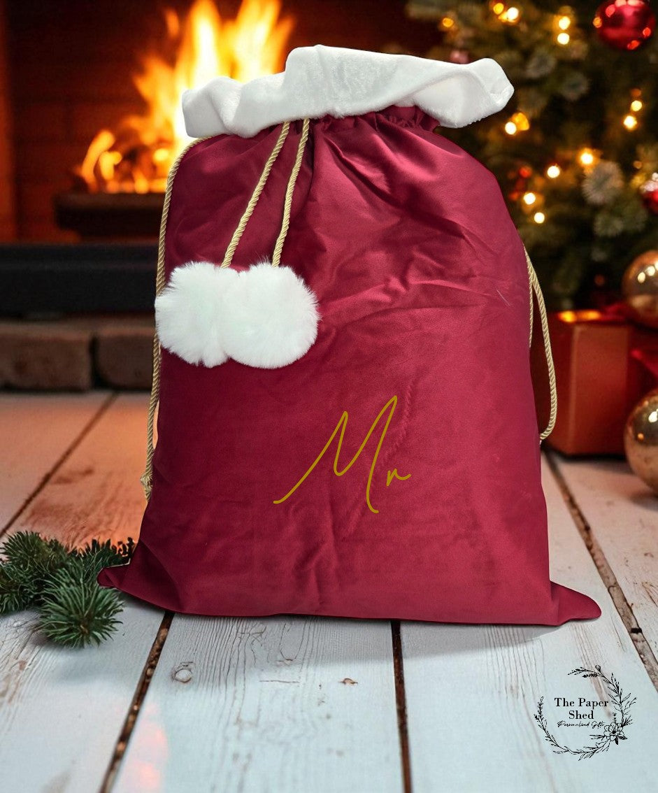 Christmas Santa Sacks PAIR Velvet Luxury Mr & Mrs Couple Engagement Married Presents Gift 2 x Sacks