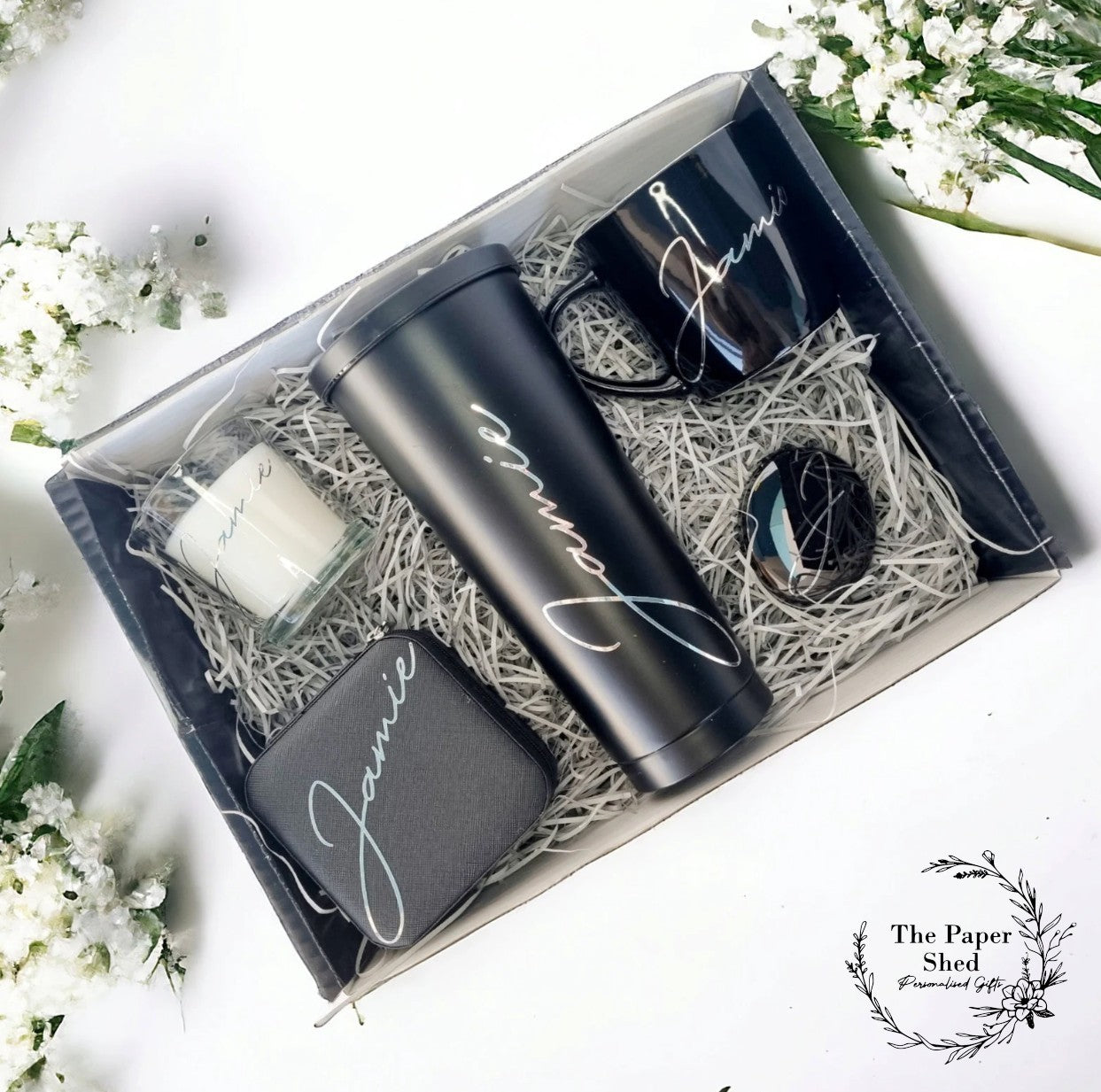 Personalised - Gift Set - Birthday Present - For Her- Hamper - Purple - Pink - Green - Gold - Beige - Black - Silver - Mug - Candle - Bride - script