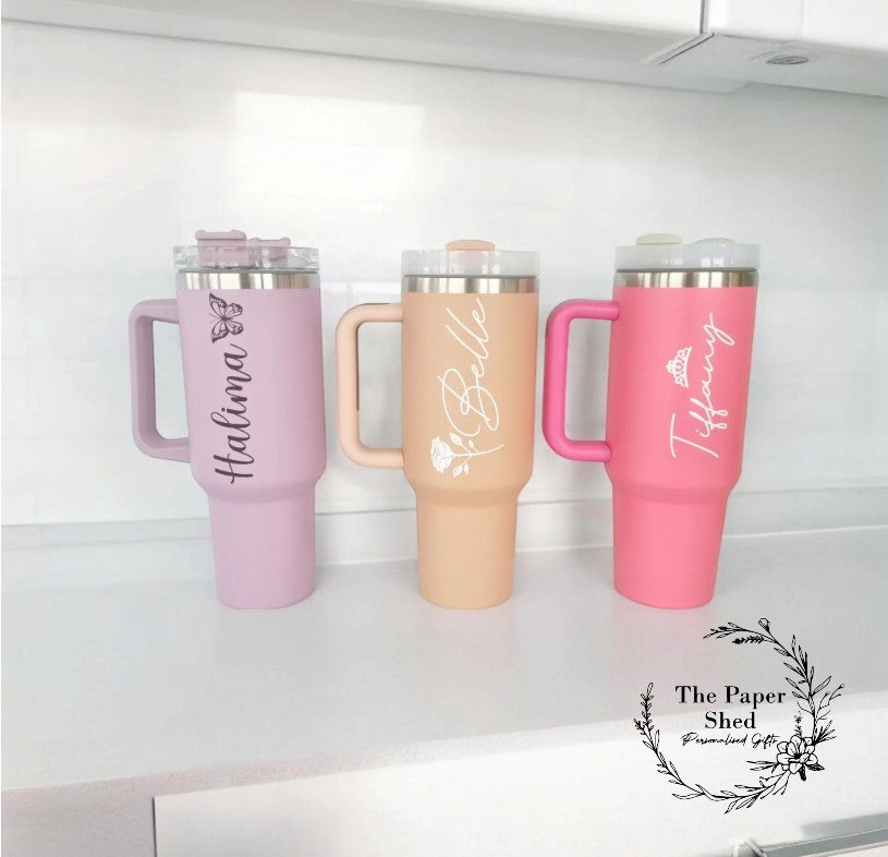 Personalised 40oz Quench Travel Mugs Thermal -Birthday Gift- with personalised emoji / silhouette character