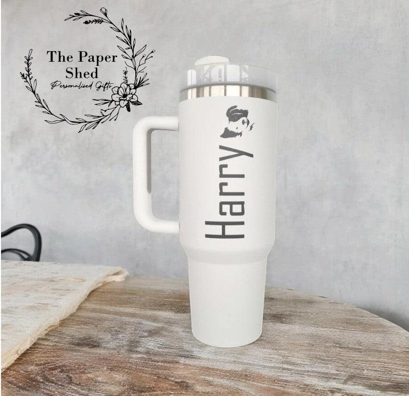 Personalised 40oz Quench Travel Mugs Thermal -Birthday Gift- with personalised emoji / silhouette character