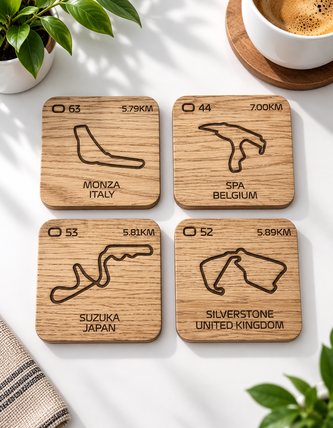 F1 Inspired Track Engraved Drinks Coasters - Pick your own Racing Track Wooden