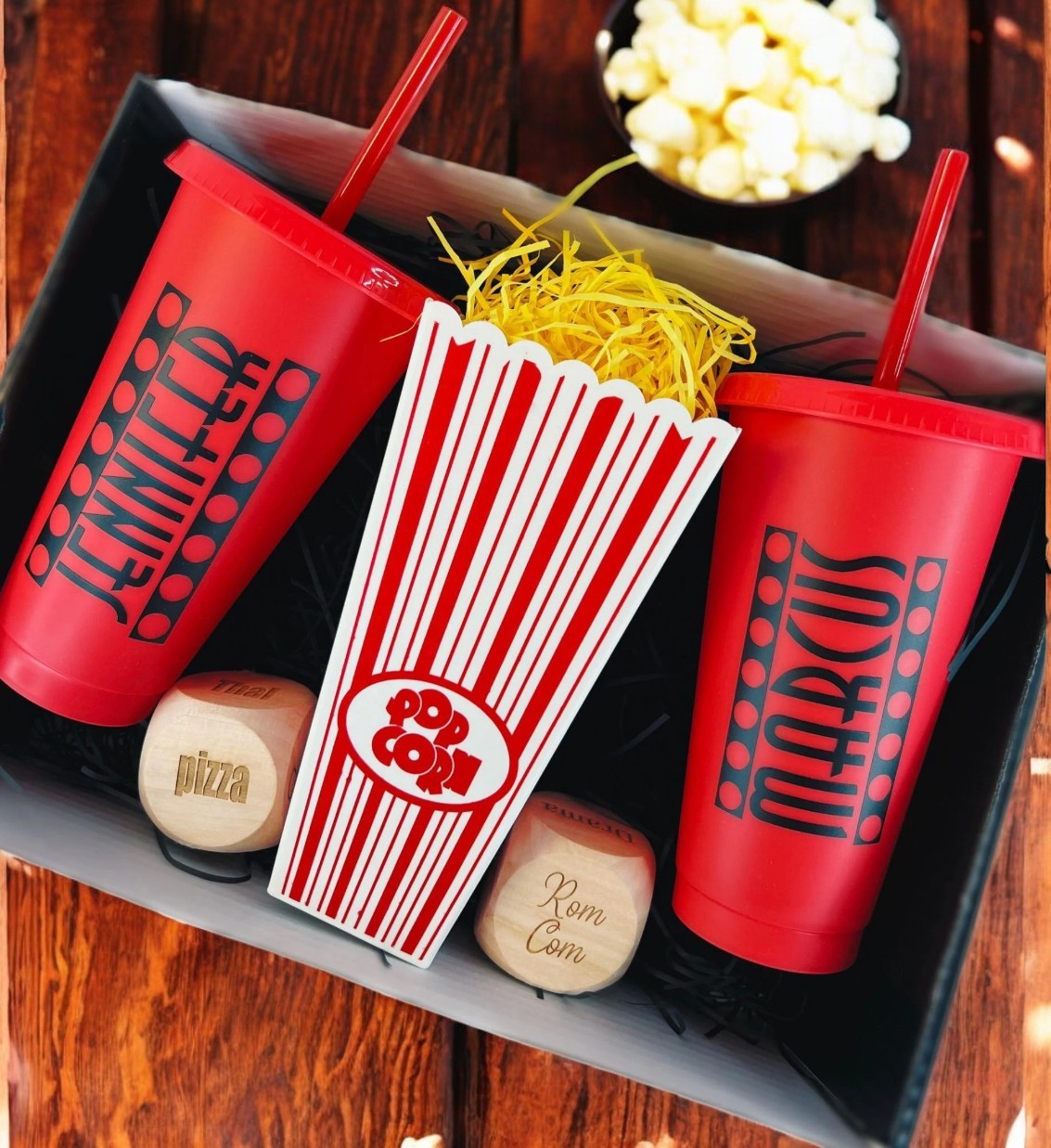 Personalised Movie/Film night / date night/ hamper, box, popcorn, name, cinema, tumbler, drink, cup, dice, couple gift, birthday, dice