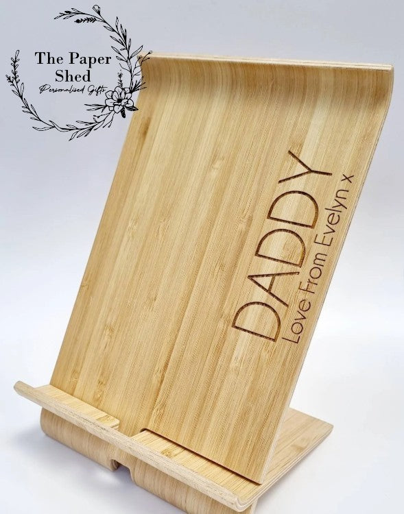 Engraved bamboo fathers day personalised phone stand