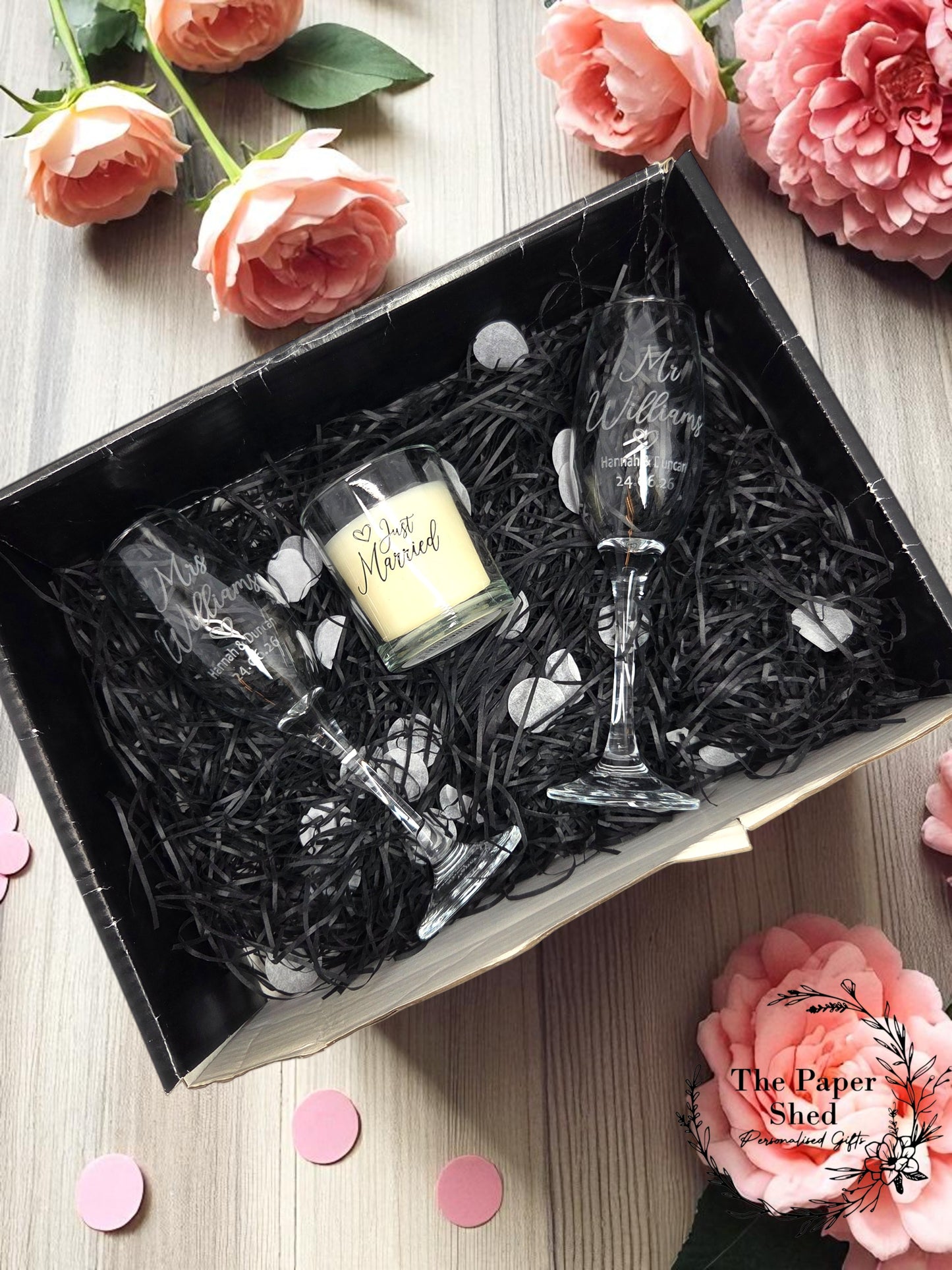 Just Married Wedding Day Gift Hamper, My & Mrs, Couple Gift Wedding, Engraved Champagne flutes glasses, candle, Hamper, Gift Set