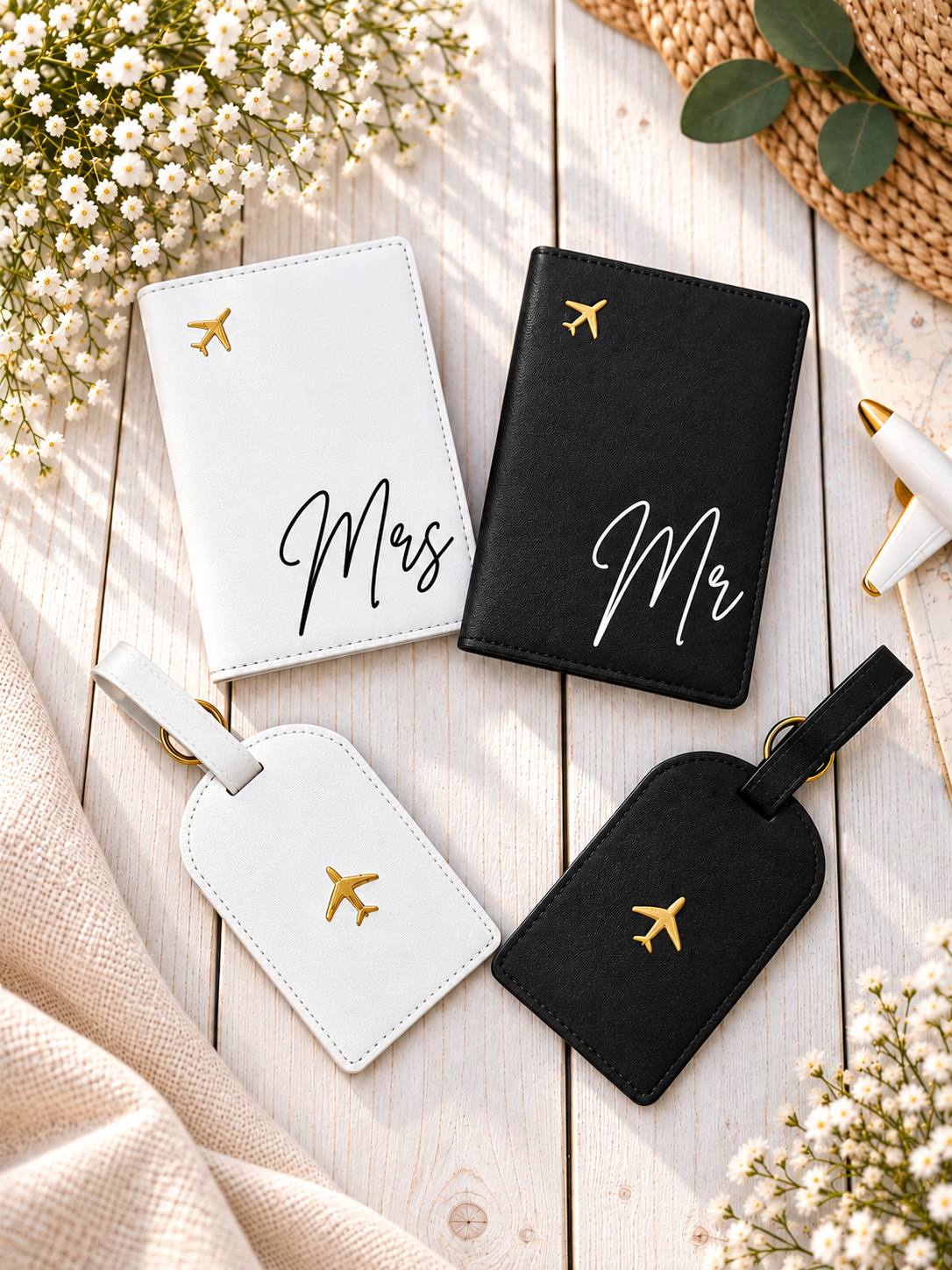 Wedding Couples Matching Passport Covers Luggage Tags Honeymoon Mr & Mrs