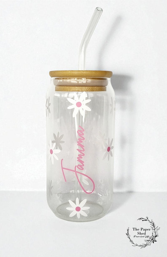 Daisy Coloured Coffee Can Shaped Glass with Bamboo Lid and glass Straw, Iced Coffee Glass, 12oz Cup, with Lid and Straw, Coffee Lovers Gift (Copy)
