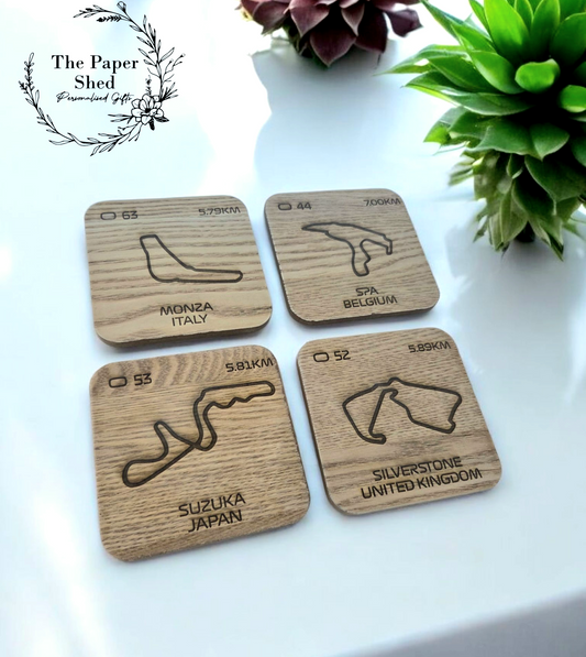 F1 Inspired Track Engraved Drinks Coasters - Pick your own Racing Track Wooden
