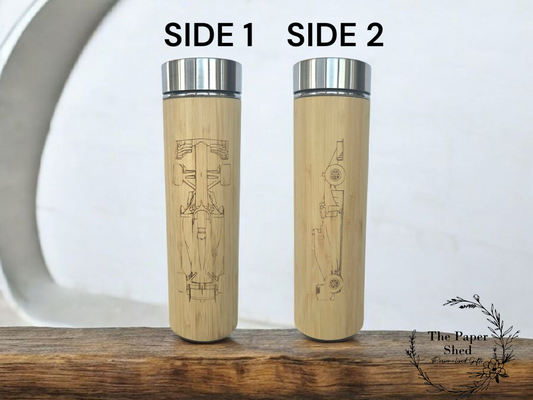 F1 inspired Technical Drawing Silverstone Bottle Bamboo Engraved Car Formula