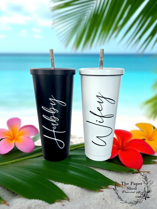 Hubby Wifey Mr Mrs Matching Pastel tall 600ml insulated personalised tumbler with lid and straw metal