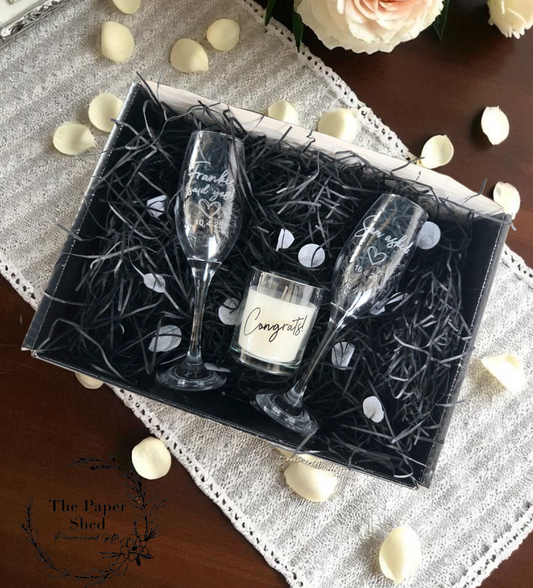 Engagement Gift Hamper He asked and She said yes, Couple Gift Wedding Engaged Engraved Champagne flutes
