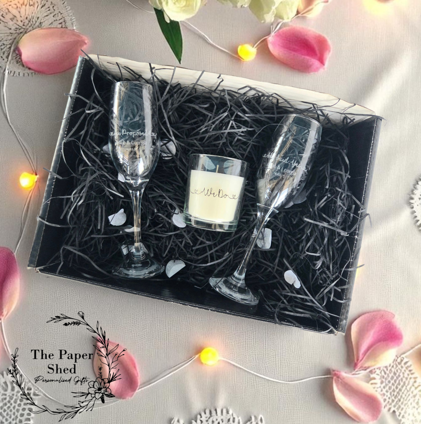 Engagement Gift Hamper He asked and She said yes, Couple Gift Wedding Engaged Engraved Champagne flutes