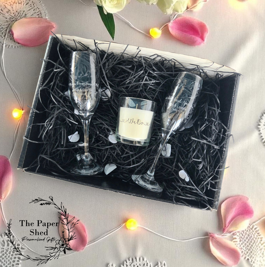 Engagement Gift Hamper He asked and She said yes, Couple Gift Wedding Engaged Engraved Champagne flutes (Copy)