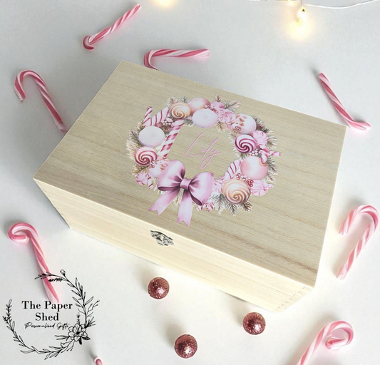 Personalised Pink Wreath Christmas Memory Box