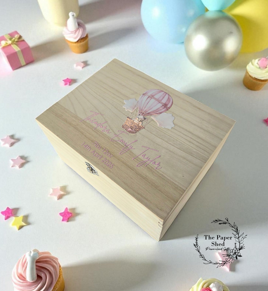 Baby Memory Keepsake Box Blue Hot Air Balloon And Teddy Bear Pink