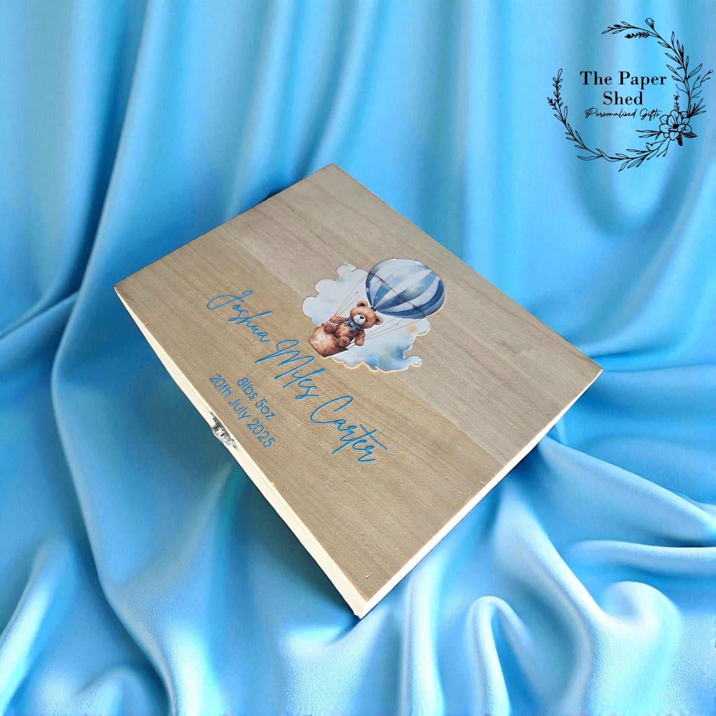 Baby Memory Keepsake Box Blue Hot Air Balloon And Teddy Bear